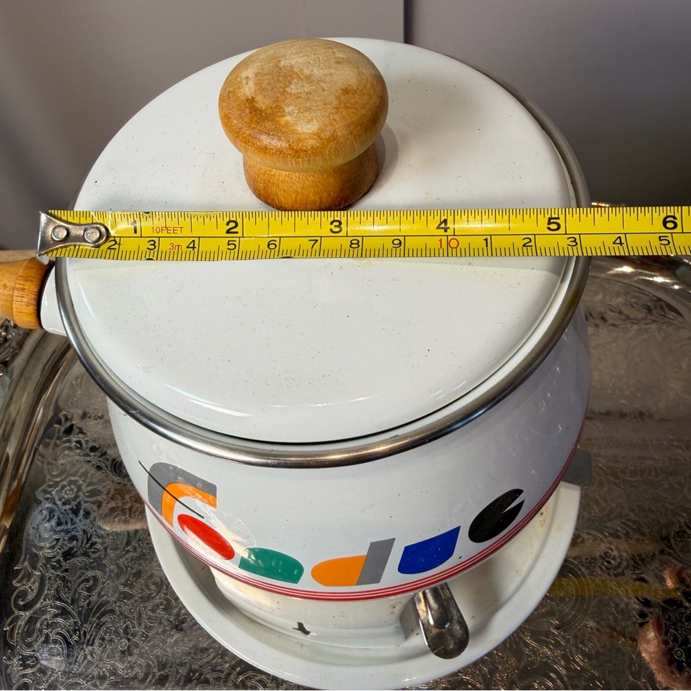 Vtg Mid Century Cream Enameled Fondue Pot Lid Stand Burner Snuffer - Picture 3 of 8